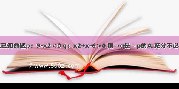 单选题已知命题p：9-x2＜0 q：x2+x-6＞0 则￢q是￢p的A.充分不必要条件