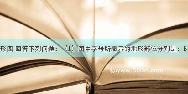 读等高线地形图 回答下列问题：（1）图中字母所表示的地形部位分别是：B______E_____