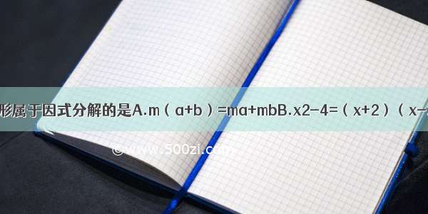 下列从左到右的变形属于因式分解的是A.m（a+b）=ma+mbB.x2-4=（x+2）（x-2）C.2a-2b+c