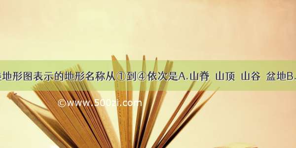 下列等高线地形图表示的地形名称从①到④依次是A.山脊．山顶．山谷．盆地B.山谷．山顶