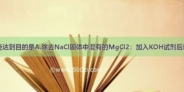 下列实验方案能达到目的是A.除去NaCl固体中混有的MgCl2：加入KOH试剂后过滤B.实验室获