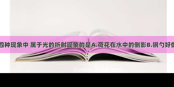 如图所示的四种现象中 属于光的折射现象的是A.荷花在水中的倒影B.钢勺好像在水面处折