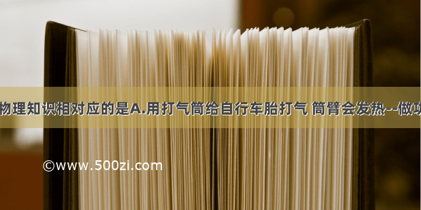 下列现象与物理知识相对应的是A.用打气筒给自行车胎打气 筒臂会发热--做功改变物体内