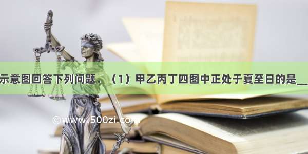 读地球公转示意图回答下列问题．（1）甲乙丙丁四图中正处于夏至日的是______ 太阳直