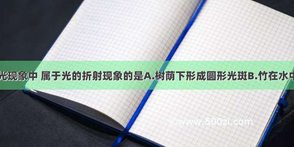 如图所示的光现象中 属于光的折射现象的是A.树荫下形成圆形光斑B.竹在水中的倒影C.铅