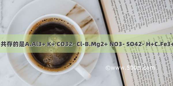 下列离子组在溶液中能大量共存的是A.Al3+ K+ CO32- Cl-B.Mg2+ NO3- SO42- H+C.Fe3+ Na+ ClO- SO42-D.AlO2-