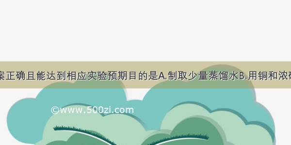 下列实验方案正确且能达到相应实验预期目的是A.制取少量蒸馏水B.用铜和浓硝酸制取少量