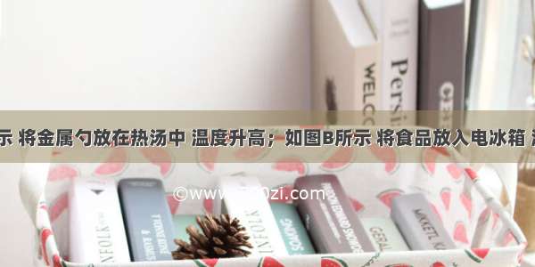 如图A所示 将金属勺放在热汤中 温度升高；如图B所示 将食品放入电冰箱 温度降低；