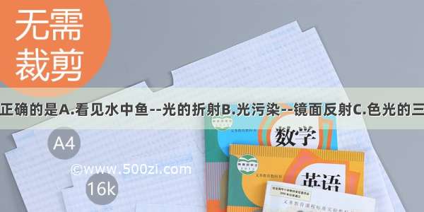 下列连线不正确的是A.看见水中鱼--光的折射B.光污染--镜面反射C.色光的三原色--红 绿