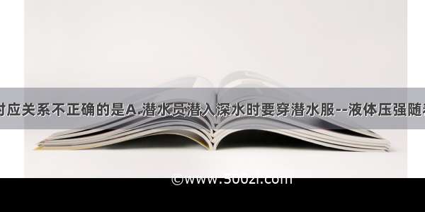 下列选项中对应关系不正确的是A.潜水员潜入深水时要穿潜水服--液体压强随着深度增加而