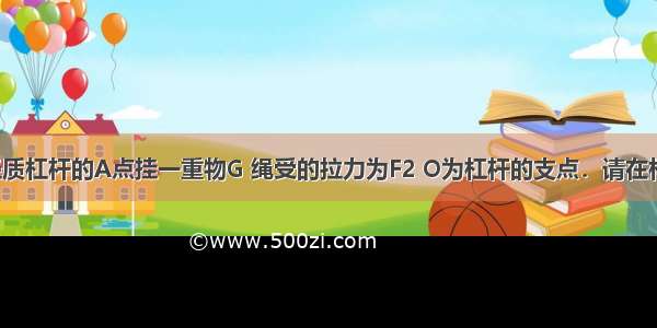 如图所示 轻质杠杆的A点挂一重物G 绳受的拉力为F2 O为杠杆的支点．请在杠杆的端点B