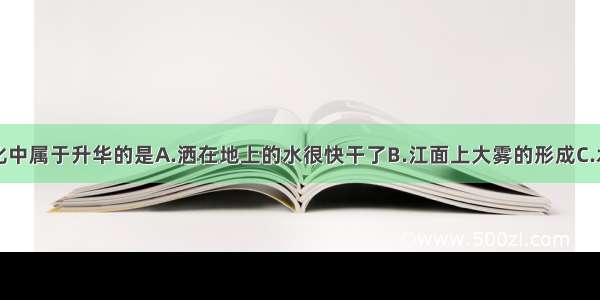 下列物态变化中属于升华的是A.洒在地上的水很快干了B.江面上大雾的形成C.水在慢慢地结