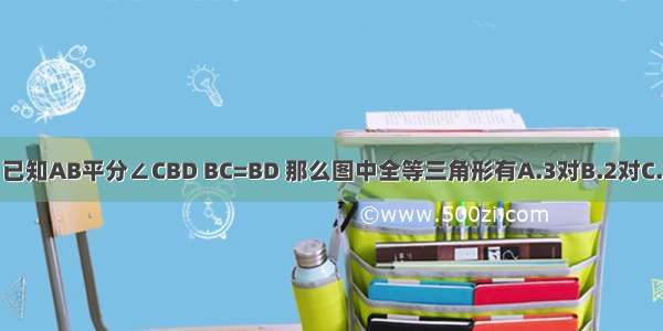 如图所示 已知AB平分∠CBD BC=BD 那么图中全等三角形有A.3对B.2对C.1对D.1对