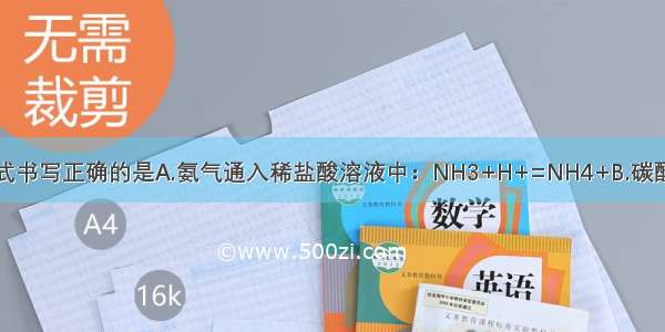 下列离子方程式书写正确的是A.氨气通入稀盐酸溶液中：NH3+H+=NH4+B.碳酸钡与醋酸反应