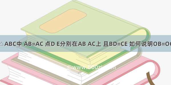 如图 已知△ABC中 AB=AC 点D E分别在AB AC上 且BD=CE 如何说明OB=OC呢？解： 