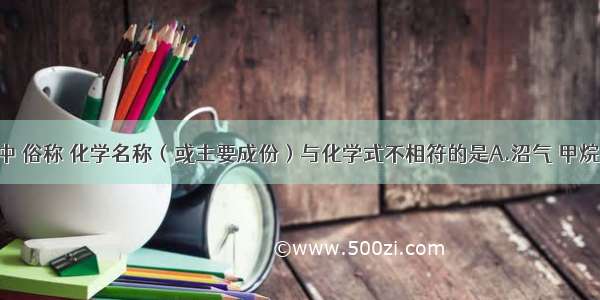 下列物质中 俗称 化学名称（或主要成份）与化学式不相符的是A.沼气 甲烷 CH4B.酒