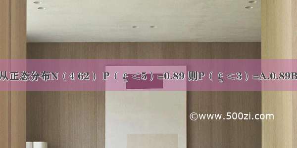 已知随机变量ξ服从正态分布N（4 62） P（ξ≤5）=0.89 则P（ξ≤3）=A.0.89B.0.78C.0.22D.0.11