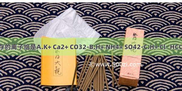 在溶液中一定能大量共存的离子组是A.K+ Ca2+ CO32-B.H+ NH4+ SO42-C.H+ Cl- HCO3-D.Fe3+ SO42- SCN-