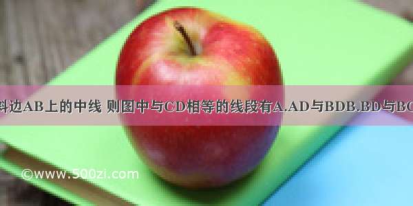 如图 在Rt△ABC中 CD是斜边AB上的中线 则图中与CD相等的线段有A.AD与BDB.BD与BCC.AD与BCD.AD BD与BC