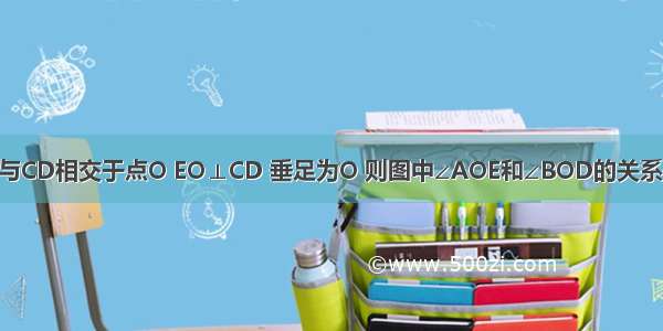 如图 直线AB与CD相交于点O EO⊥CD 垂足为O 则图中∠AOE和∠BOD的关系是A.相等角B.