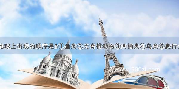 下列动物在地球上出现的顺序是B①鱼类②无脊椎动物③两栖类④鸟类⑤爬行类⑥哺乳类A.