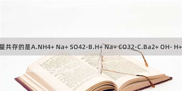 下列各组离子能大量共存的是A.NH4+ Na+ SO42-B.H+ Na+ CO32-C.Ba2+ OH- H+D.Cu2+ NO3- OH-