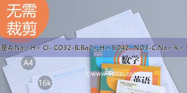 能在溶液中大量共存的离子组是A.Na+ H+ Cl- CO32-B.Ba2+ H+ SO42- NO3-C.Na+ K+ SO42- CO32-D.Na+ K+ HC