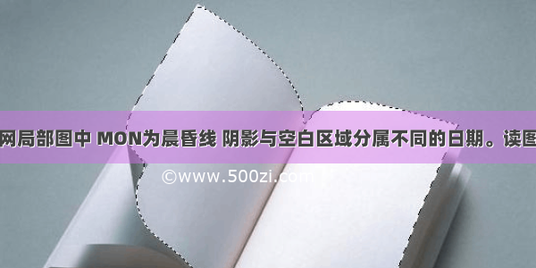 在下面经纬网局部图中 MON为晨昏线 阴影与空白区域分属不同的日期。读图回答下列各