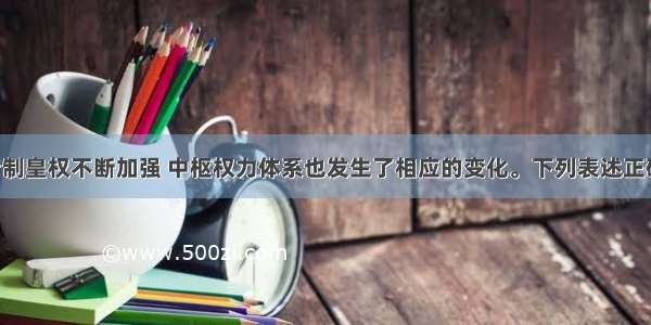 中国古代专制皇权不断加强 中枢权力体系也发生了相应的变化。下列表述正确的是A. 汉