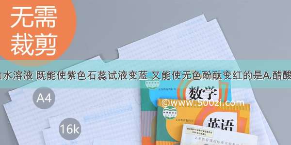 下列物质的水溶液 既能使紫色石蕊试液变蓝 又能使无色酚酞变红的是A.醋酸溶液B.食盐