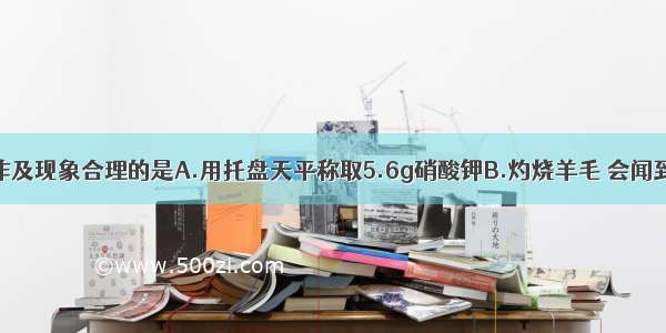 下列实验操作及现象合理的是A.用托盘天平称取5.6g硝酸钾B.灼烧羊毛 会闻到烧纸一样的