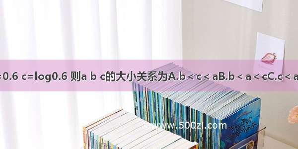 已知a=0.6 b=0.6 c=log0.6 则a b c的大小关系为A.b＜c＜aB.b＜a＜cC.c＜a＜bD.c＜b＜a