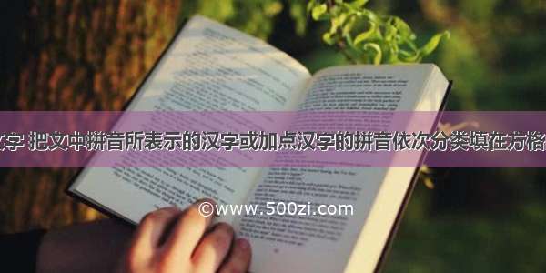 阅读下面文字 把文中拼音所表示的汉字或加点汉字的拼音依次分类填在方格内。（2分）