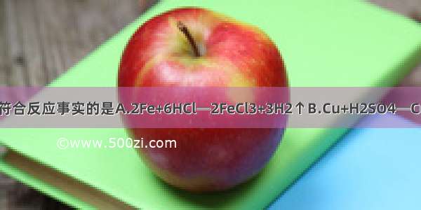 下列化学方程式符合反应事实的是A.2Fe+6HCl═2FeCl3+3H2↑B.Cu+H2SO4═CuSO4+H2↑C.3F