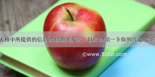 根据下面表格中所提供的信息 给你的笔友写一封信 介绍一下你的兴趣 爱好等。要求：