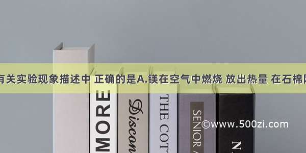 单选题下列有关实验现象描述中 正确的是A.镁在空气中燃烧 放出热量 在石棉网上留下白色