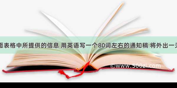 　请根据下面表格中所提供的信息 用英语写一个80词左右的通知稿 将外出一天的活动安