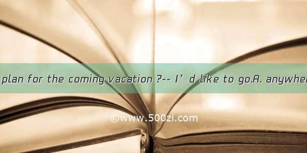 -What’s your plan for the coming vacation ?-- I’d like to go.A. anywhere relaxingB.