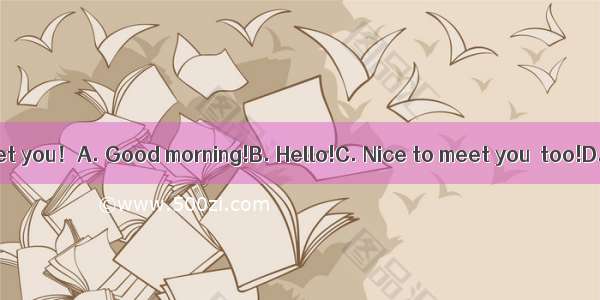 -- Nice to meet you！A. Good morning!B. Hello!C. Nice to meet you  too!D. I’m fine.