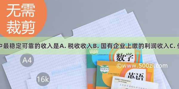 财政收入中最稳定可靠的收入是A. 税收收入B. 国有企业上缴的利润收入C. 债务收入D.