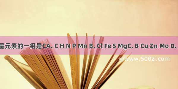 下列属于微量元素的一组是CA. C H N P Mn B. Cl Fe S MgC. B Cu Zn Mo D. N P K Cu Fe