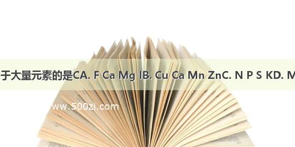 下面全属于大量元素的是CA. F Ca Mg IB. Cu Ca Mn ZnC. N P S KD. Mg Fe P S