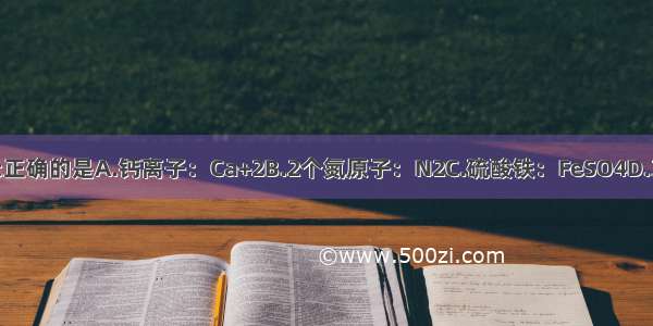 下列化学用语表示正确的是A.钙离子：Ca+2B.2个氮原子：N2C.硫酸铁：FeSO4D.3个水分子：3H2O