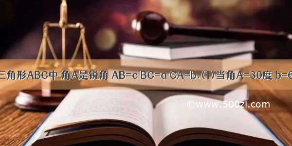 已知在三角形ABC中 角A是锐角 AB=c BC=a CA=b.(1)当角A=30度 b=6 c=3