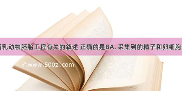 下列有关哺乳动物胚胎工程有关的叙述 正确的是BA. 采集到的精子和卵细胞相遇即可发