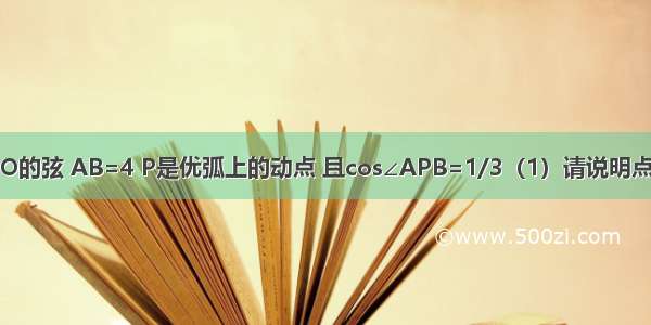 如图 AB是⊙O的弦 AB=4 P是优弧上的动点 且cos∠APB=1/3（1）请说明点P运动到什么