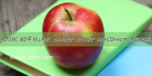 如图 AD∥BC BD平分∠ABC ∠A=120° ∠C=60° AB=CD=4cm 求四边形ABC