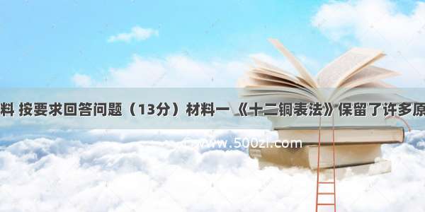 阅读下列材料 按要求回答问题（13分）材料一 《十二铜表法》保留了许多原始的陈规陋