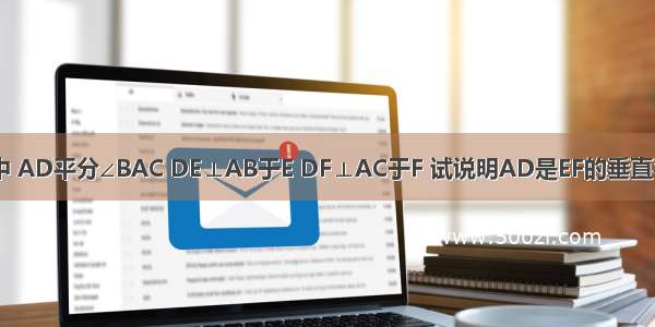 △ABC中 AD平分∠BAC DE⊥AB于E DF⊥AC于F 试说明AD是EF的垂直平分线?