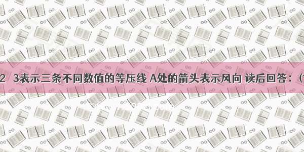 图中P1 Ｐ2 Ｐ3表示三条不同数值的等压线 A处的箭头表示风向 读后回答：(1)此天气